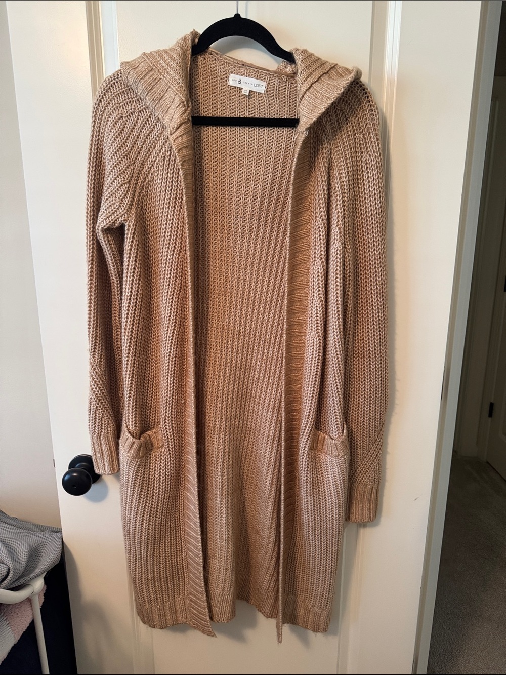 LOFT Beige Hooded Open-Front Long Knit Cardigan
